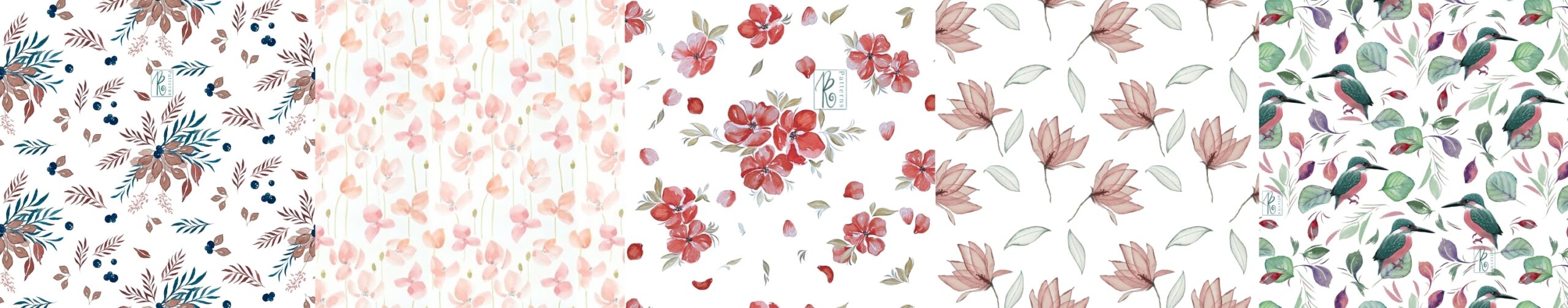 akvarelové ilustrace, přírodní vzory, vzory na látky, balící papír, digitální vzory, seamless pattern, repeat pattern, povrchový design