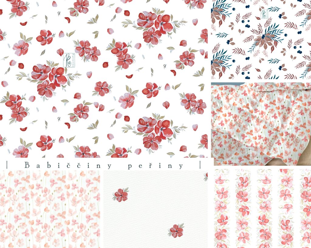 akvarelové ilustrace, přírodní vzory, vzory na látky, balící papír, digitální vzory, seamless pattern, repeat pattern, povrchový design, ilustrace květy červené