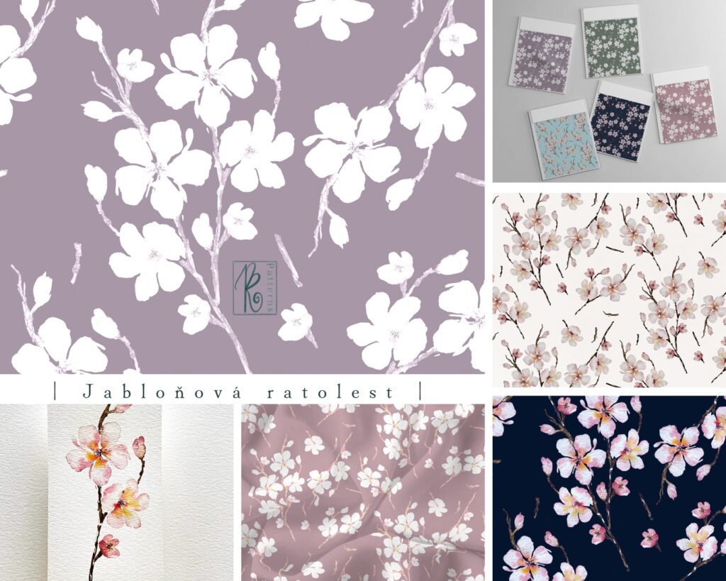 akvarelové ilustrace, přírodní vzory, vzory na látky, balící papír, digitální vzory, seamless pattern, repeat pattern, povrchový design, ilustrace jabloň