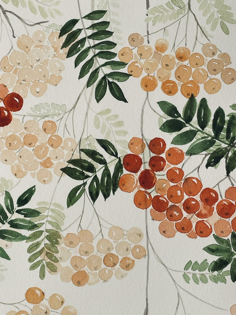 jeřabiny, podzimní akvarelové ilustrace, přírodní vzory, vzory na látky, balící papír, digitální vzory, seamless pattern, repeat pattern, povrchový design, opakovatelný vzor, keře, bobule, látky, tapeta