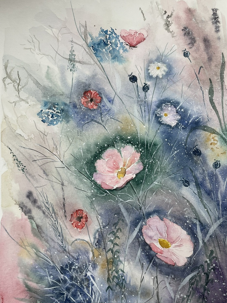 divoká louka, akvarelové ilustrace, přírodní vzory, vzory na látky, balící papír, digitální vzory, seamless pattern, repeat pattern, povrchový design, opakovatelný vzor, ryby, tapeta