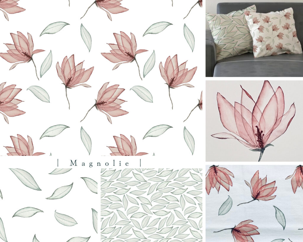 akvarelové ilustrace, přírodní vzory, vzory na látky, balící papír, digitální vzory, seamless pattern, repeat pattern, povrchový design, ilustrace magnolie