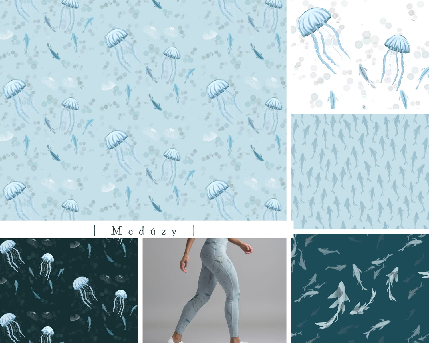 akvarelové ilustrace, přírodní vzory, vzory na látky, balící papír, digitální vzory, seamless pattern, repeat pattern, povrchový design, opakovatelný vzor, medúza, ryby, legíny, tapeta