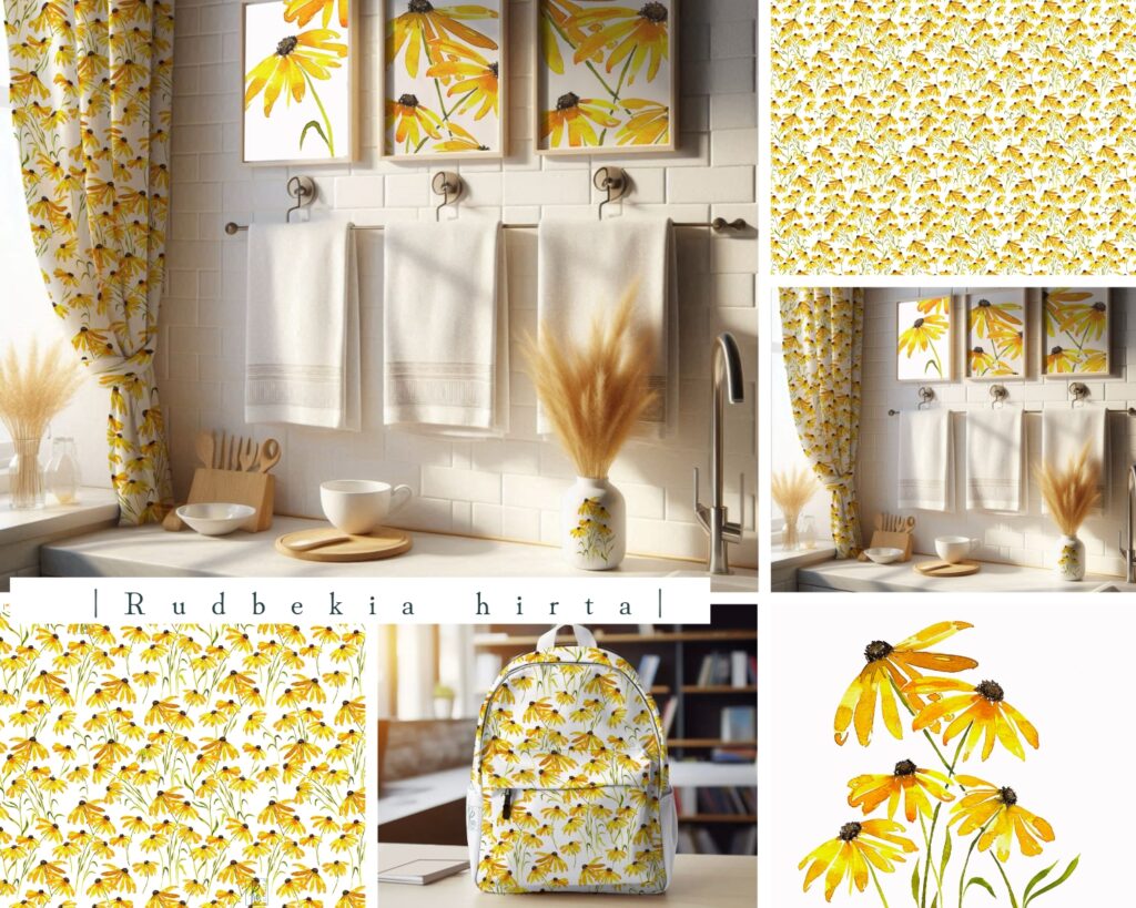 akvarelové ilustrace, vzory na látky, vlastní vzor na látku, seamless pattern, repeat pattern, surface design, akvarell illustration, žluté květiny, třapatka