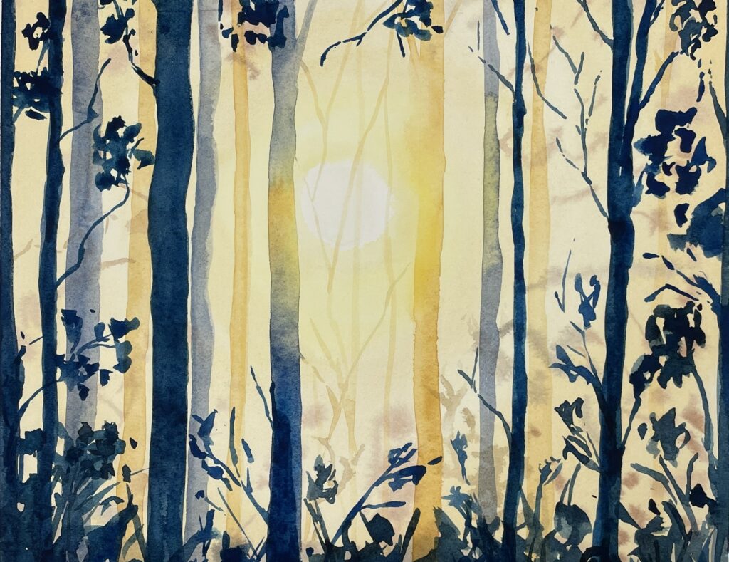 slunce v lese, tajuplný les, akvarelové ilustrace, přírodní vzory, vzory na látky, digitální vzory, seamless pattern, repeat pattern, povrchový design, opakovatelný vzor, les, slunce, látky, tapeta