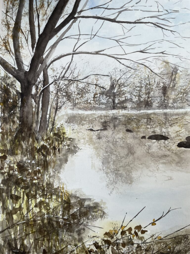 akvarel zima, příroda akvarelem, podzimní příroda