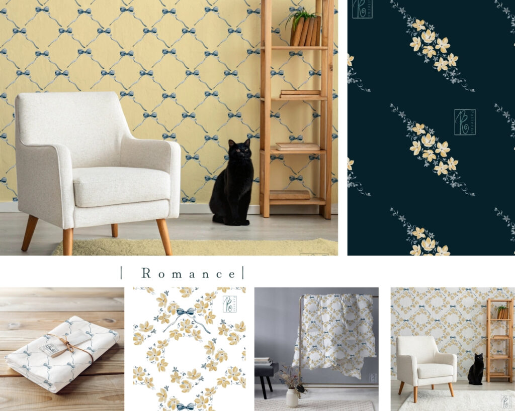 akvarelové ilustrace, přírodní vzory, vzory na látky, balící papír, digitální vzory, seamless pattern, repeat pattern, povrchový design, ilustrace stužky ve vzorym žluté květiny, látka, tapeta do bytu, český návrhy, czech design, czech pattern