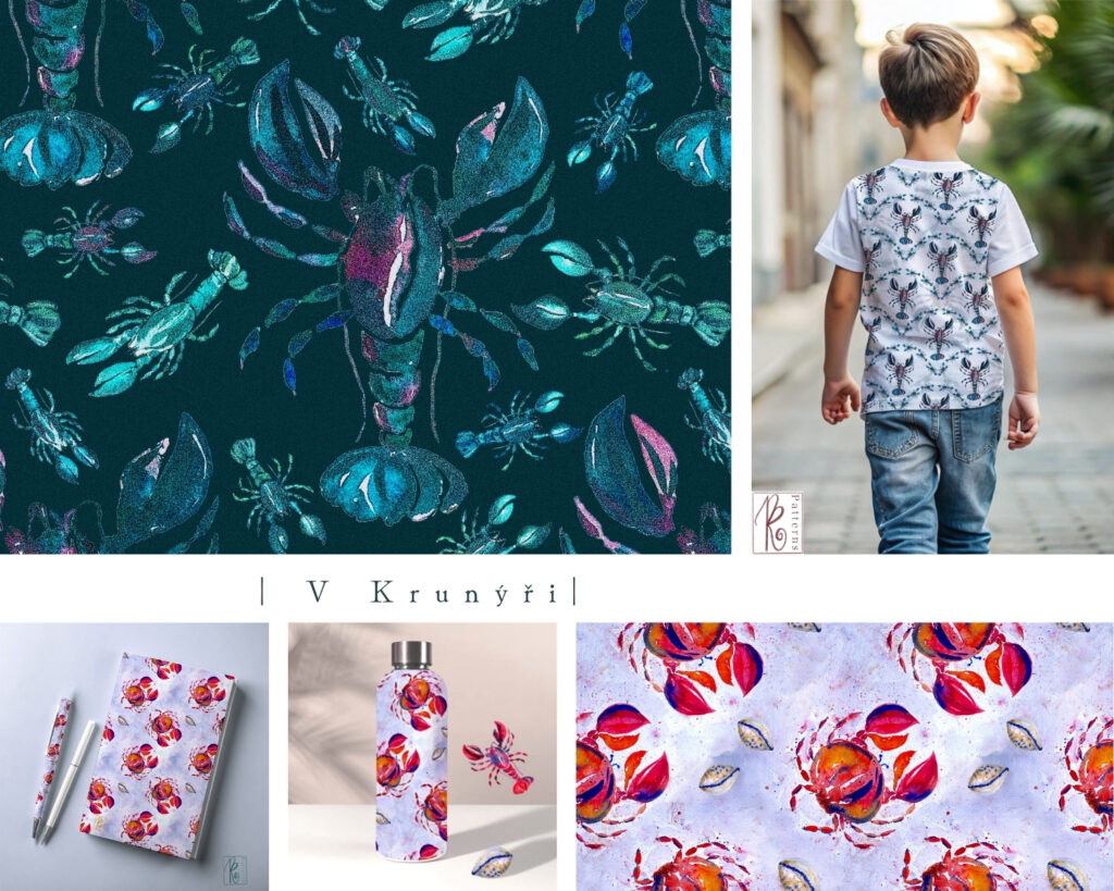 korýši, krab, rak, akvarelové mořské plody, vzor na látku s krabem, oraci na látce, krabi na látce, vlastní tisk, vlastní potisk na látku, designy tapet, tapety se zvířaty, látka se zvířaty, nekonečný vzor, seamless pattern, český vzor, czech design