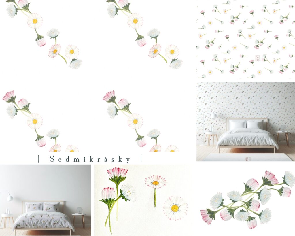 akvarel, sedmikrásky, peřiny, povlečení, vzory na textil, vzory k tiskz, květinové vzory, luční kvítí, opakovatelné vzory, vzory na zakázku, zakázkové látky,